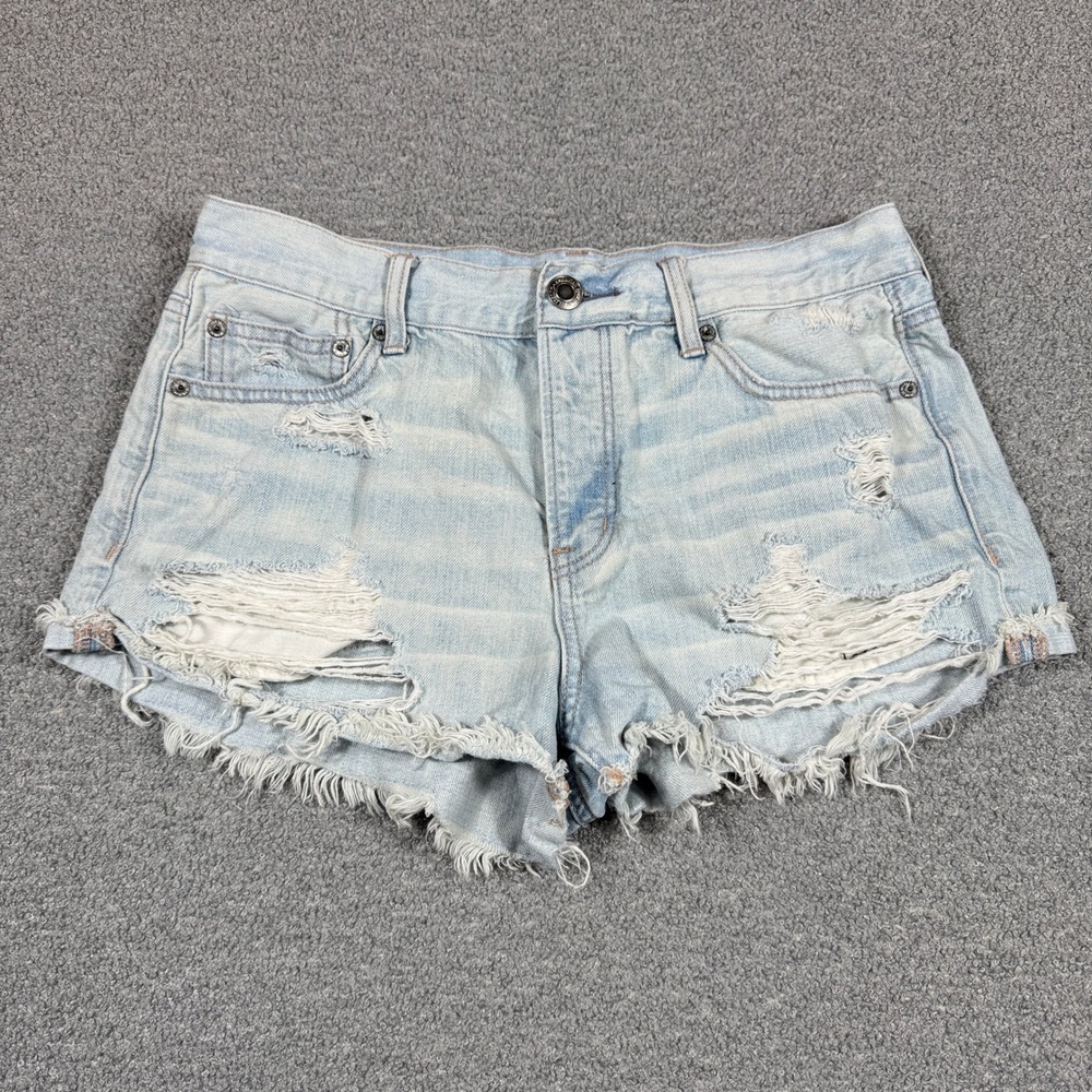 American Eagle Jean Shorts Women's 10 Light Blue Button Fly Cut Off Distressed